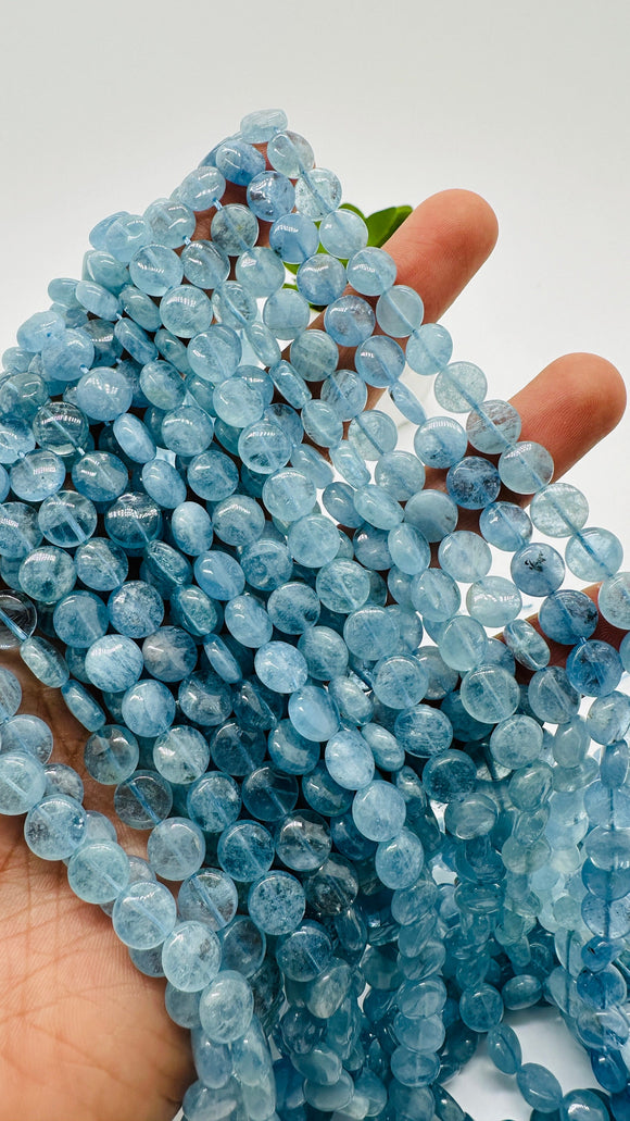 Aquamarine Coin Beads • 8 mm size • AAA Quality • 40 cm Length•  Blue Color • Natural Aquamarine Beads