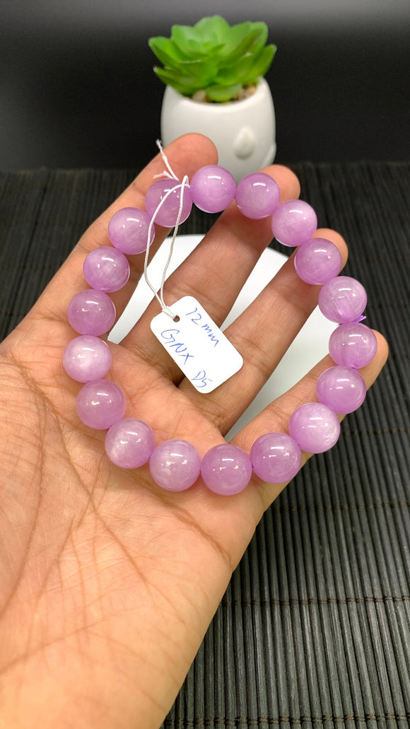 Kunzite Bracelet - 12 mm Size - Code# D5 - AAAA Quality - Natural Kunzite Round Bracelet - Length 7.5 Inch