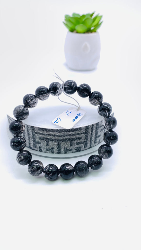 Black Rutile Bracelet • 10 mm Size • Code #C12 • AAAA Quality • 7.5 Inch Length • Natural Rutilated Quartz  • Rutile Round Bracelet