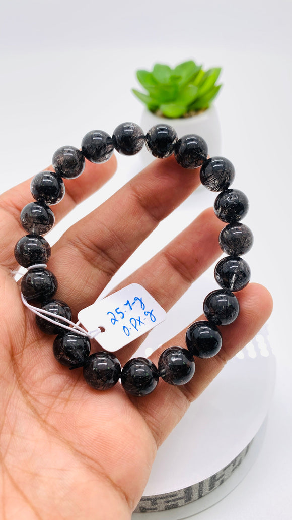 Black Rutile Bracelet • 10 mm Size • Code #C14 • AAAA Quality • 7 Inch Length • Natural Rutilated Quartz  • Rutile Round Bracelet