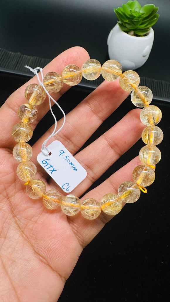 Golden Rutile Round Bracelet • 9.50 mm Size • Code C6 • 4A Quality • Natural Rutilated Quartz Bracelet