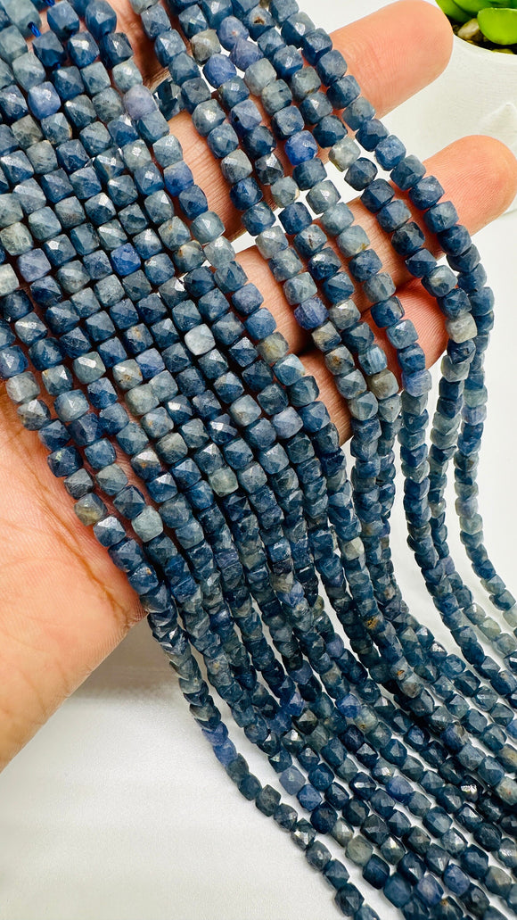 Blue Sapphire Faceted Cube Beads  • 4 mm Size • Length 40 cm • AA Quality • Natural Sapphire Box Beads •