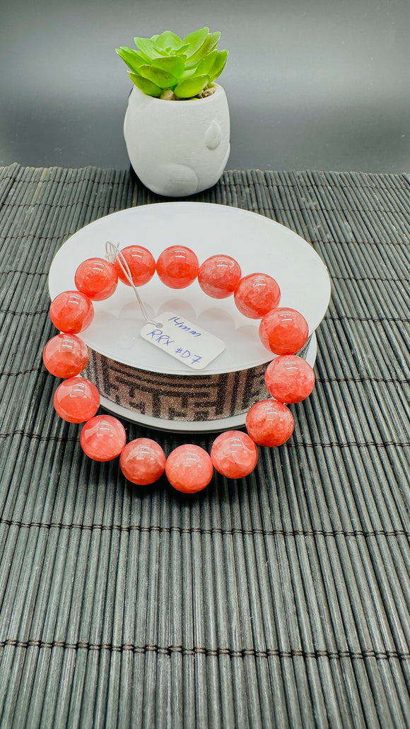 Rhodochrosite Round Bracelet - 14 mm Size  - Code D7 - AAAA Quality - Length 7.5 Inch- Natural Rhodochrosite Bracelet