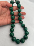 Malachite Round Beads Necklace, size 20mm, Length of Necklace 18" - Malachite Beads - AAA Quality, hand knotted Necklace. 925 silver clasp