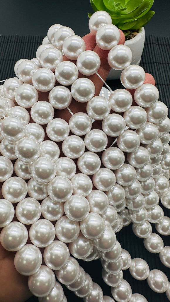 White Shell Pearl Round Beads - 12/ 14 mm Size - AAA Quality- 40 cm Length - Shell Beads