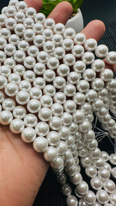 8MM White Shell Pearl Round Beads - Good Quality- 40 Cm length