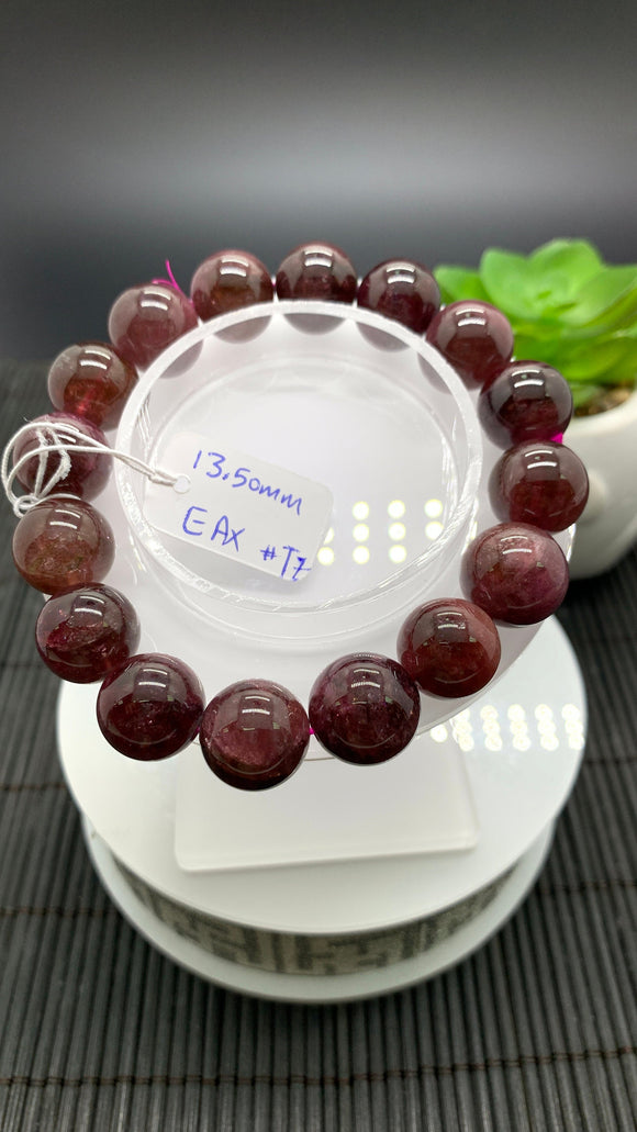 Pink Tourmaline Bracelet 13.50 mm Size - Code T7 - AAA Quality - Natural Tourmaline Round Bracelet - Length 7.5