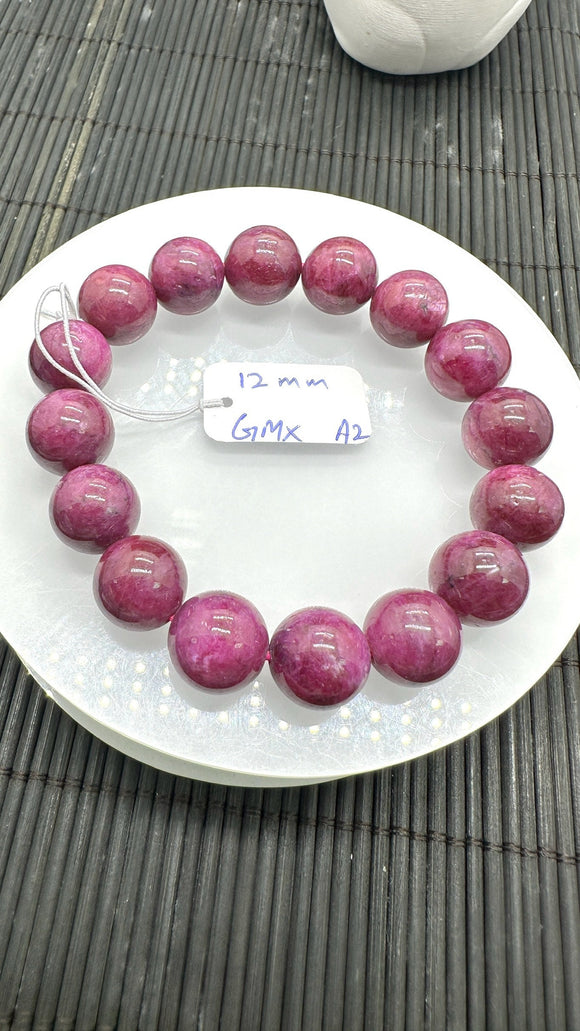 Ruby Bracelet • 12 mm Size • Code A2 • 7.5  Inch Length • AAA Quality • Natural Ruby Round Bracelet