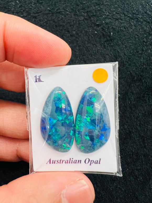 Australian Opal Matched Pair Cabs, AAA Quality, Australian Opal triplet Cabochon, size 23X11.5 MM , weight -15 ct. flat bottom.