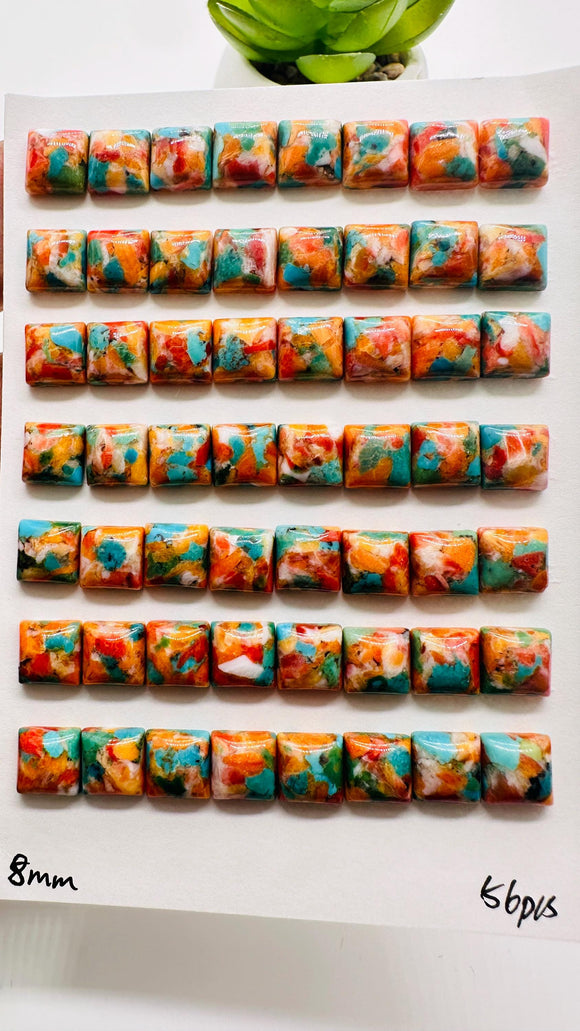 Turquoise with Spiny Oyster Square Cabochon • 8 mm Size • Pack of 6 Pcs • AAA Quality • Turquoise Square Cabs • Flat Back Cabs