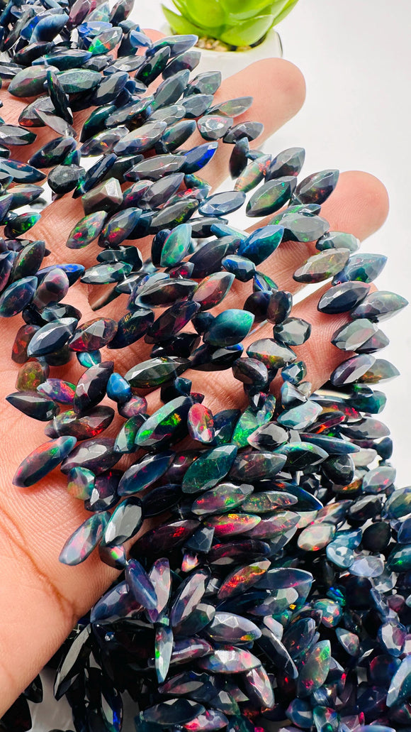 Black Ethiopian Opal Faceted Marquis Beads- 8-14x4-7 mm Size - Code # E3 - Length 16 Inch - Ethiopian Opal Beads - AAA Quality