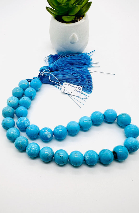 Turquoise Round Beads 14 mm size - Code #T2 - 100% Natural Turquoise - Length 41 cm - Sleeping beauty Turquoise - AAA Quality