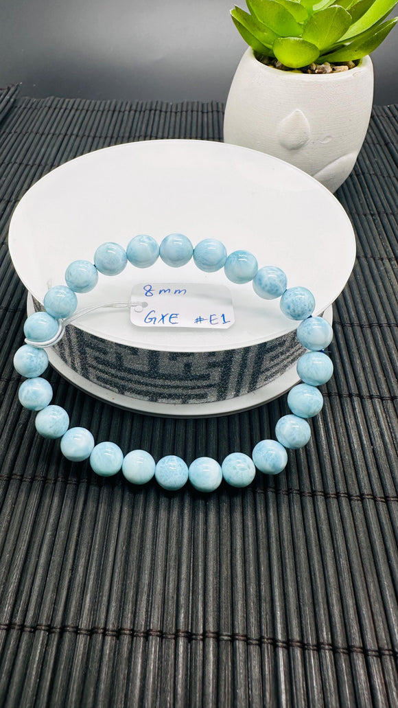 Larimar Bracelet 8 mm size Code#E1 • AAAA Quality • Natural Larimar Round Bracelet- Length 7.50 Inch