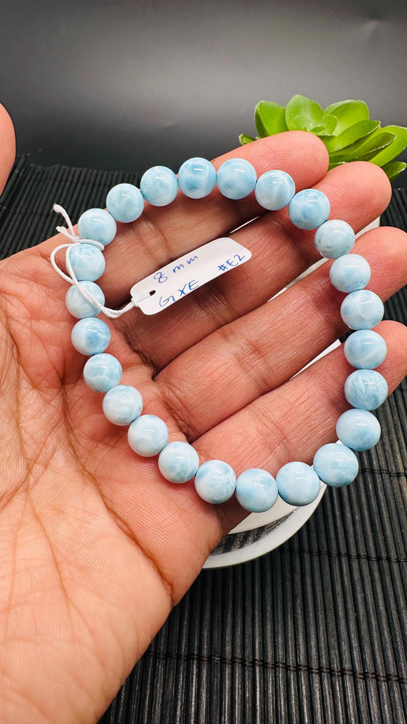 Larimar Bracelet 8 mm size Code#E2 • AAAA Quality • Natural Larimar Round Bracelet- Length 7.50 Inch