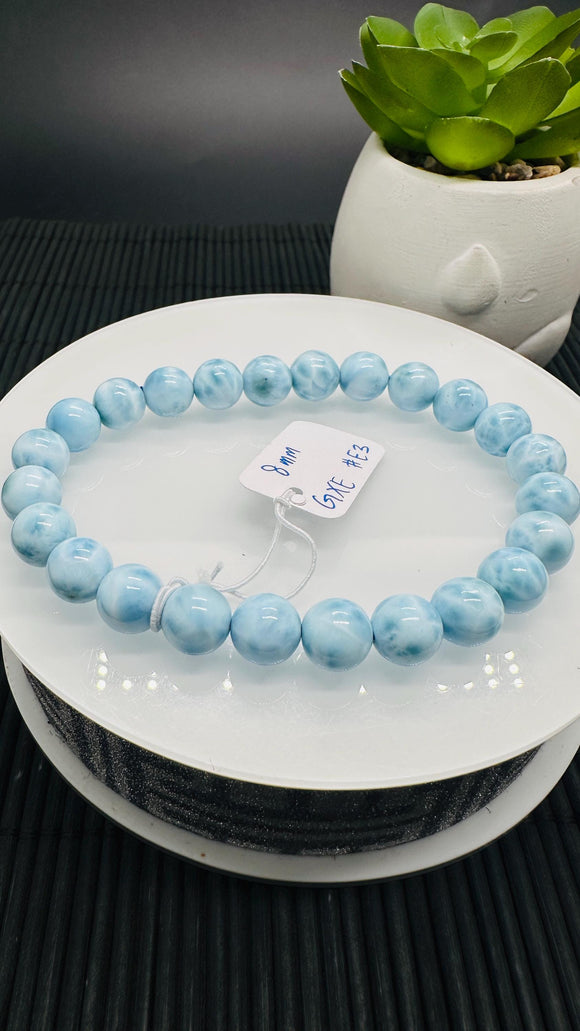 Larimar Bracelet 8 mm size Code#E3 • AAAA Quality • Natural Larimar Round Bracelet- Length 7.50 Inch