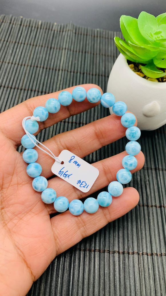 Larimar Bracelet 8 mm size Code#E21 • AAAA Quality • Natural Larimar Round Bracelet- Length 7.50 Inch