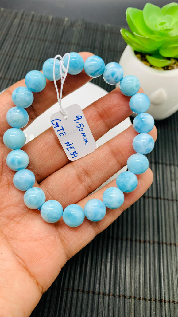 Larimar Bracelet 9.50 mm size Code#E34• AAAA Quality • Natural Larimar Round Bracelet- Length 7.50 Inch