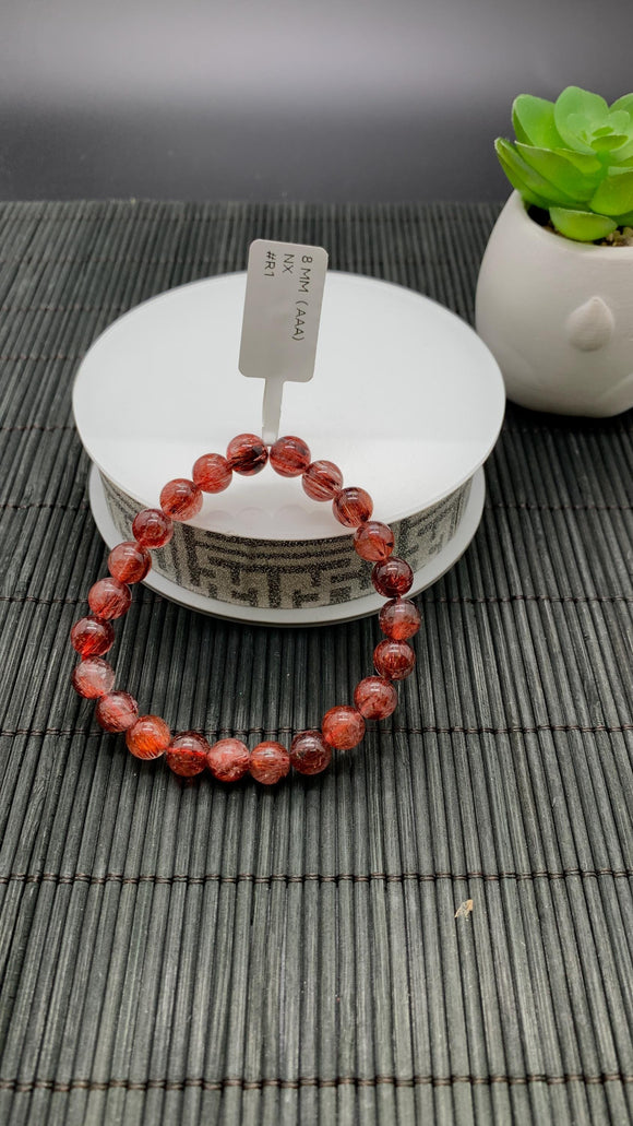 Red Rutile Round Bracelet • 7.80 mm Size • Code #A1 • AAA Quality • Natural Rutilated Quartz Bracelet