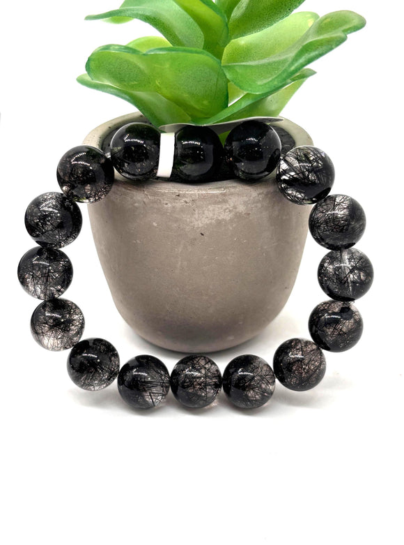 Black Rutile Bracelet • 12 mm Size • Code #BK-4 • AAAA Quality • Weight 43.7 gm • Natural Rutilated Quartz • Rutile Round Bracelet
