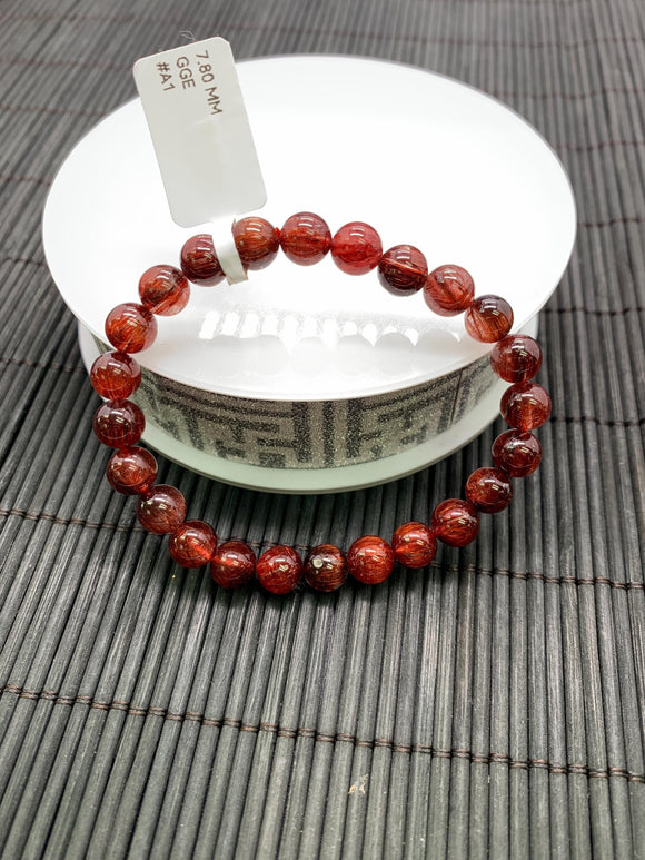Red Rutile Round Bracelet • 7.80 mm Size • Code #A2 • AAA Quality • Natural Rutilated Quartz Bracelet