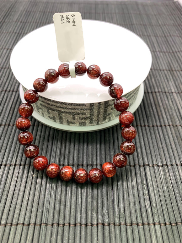 Red Rutile Round Bracelet • 8 mm Size • Code #A4 • AAA Quality • Natural Rutilated Quartz Bracelet