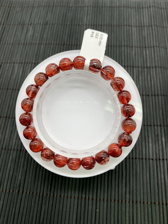 Red Rutile Round Bracelet • 8.50 mm Size • Code #A8 • AAA Quality • Natural Rutilated Quartz Bracelet