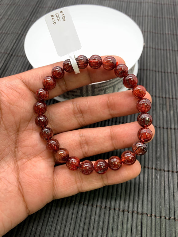 Red Rutile Round Bracelet • 8 mm Size • Code #A10 • AAA Quality • Natural Rutilated Quartz Bracelet