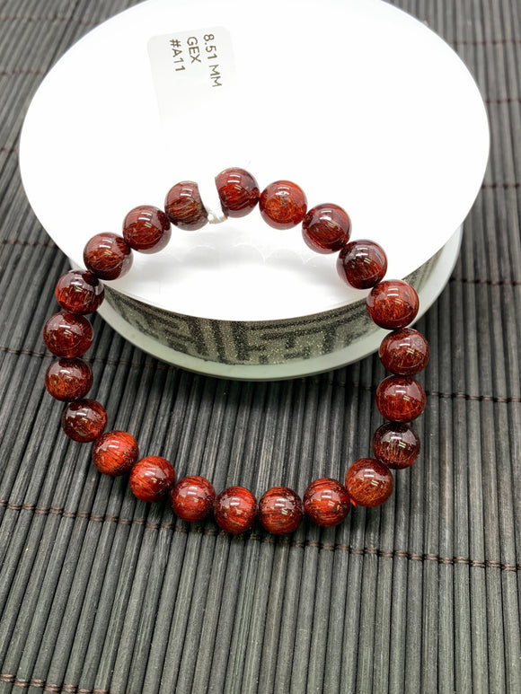Red Rutile Round Bracelet • 8.50 mm Size • Code #A11 • AAA Quality • Natural Rutilated Quartz Bracelet