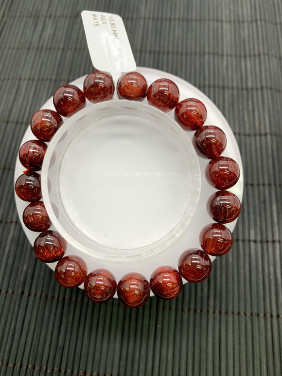 Red Rutile Round Bracelet • 10.5 mm Size • Code #A15 • AAA Quality • Natural Rutilated Quartz Bracelet
