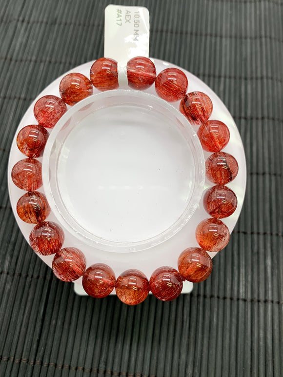 Red Rutile Round Bracelet • 10.50 mm Size • Code #A17 • AAA Quality • Natural Rutilated Quartz Bracelet