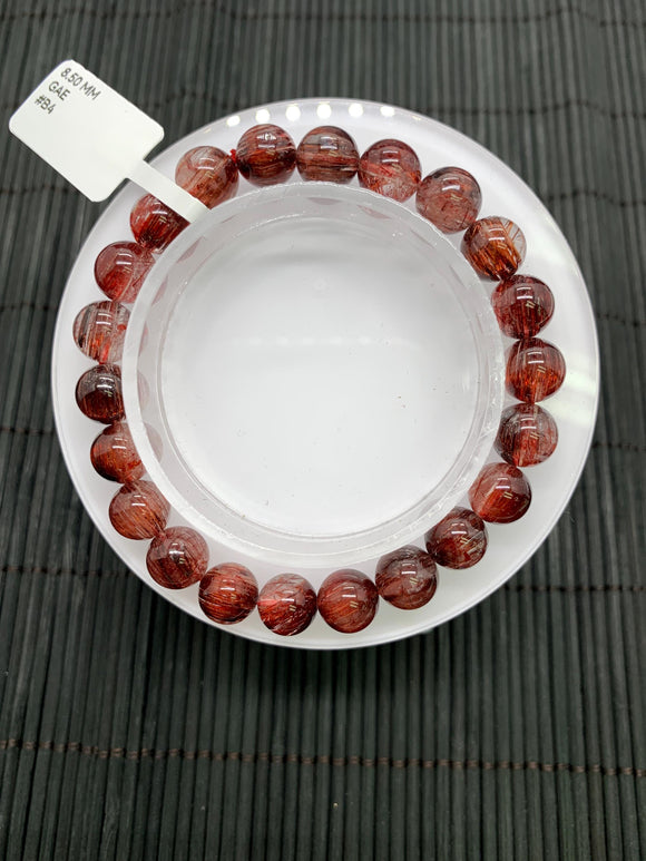 Red Rutile Round Bracelet • 8.50 mm Size • Code #B4 • AA Quality • Natural Rutilated Quartz Bracelet
