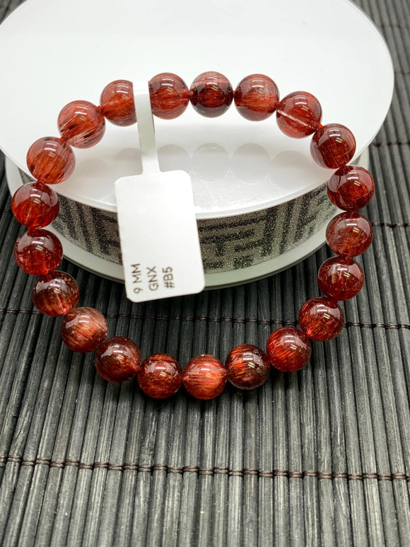Red Rutile Round Bracelet • 9 mm Size • Code #B5 • AA Quality • Natural Rutilated Quartz Bracelet