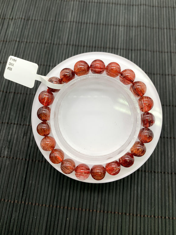 Red Rutile Round Bracelet • 9 mm Size • Code #B8 • AA Quality • Natural Rutilated Quartz Bracelet