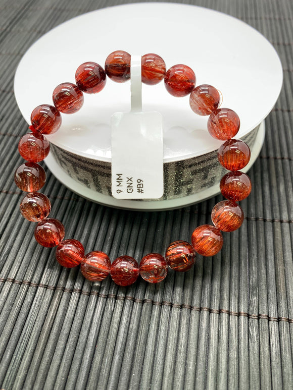 Red Rutile Round Bracelet • 9 mm Size • Code #B9 • AA Quality • Natural Rutilated Quartz Bracelet