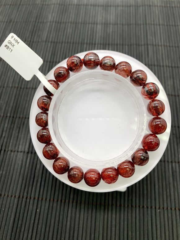 Red Rutile Round Bracelet • 9 mm Size • Code #B11 • AA Quality • Natural Rutilated Quartz Bracelet
