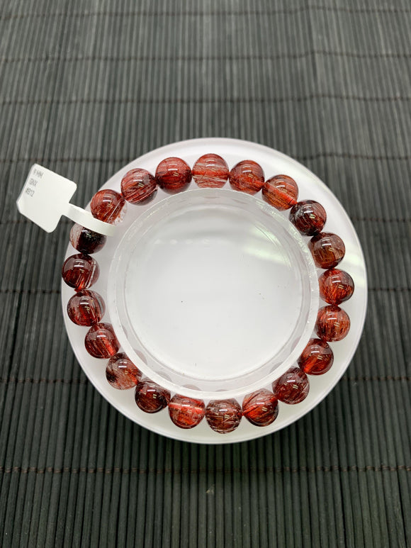 Red Rutile Round Bracelet • 9 mm Size • Code #B12 • AA Quality • Natural Rutilated Quartz Bracelet