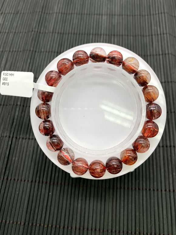 Red Rutile Round Bracelet • 9.50 mm Size • Code #B15 • AA Quality • Natural Rutilated Quartz Bracelet