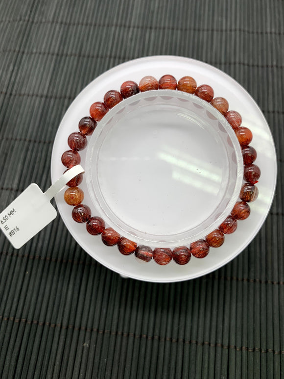 Red Rutile Round Bracelet • 6.50 mm Size • Code #B16 • AA Quality • Natural Rutilated Quartz Bracelet
