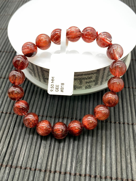Red Rutile Round Bracelet • 9.50 mm Size • Code #B18 • AA Quality • Natural Rutilated Quartz Bracelet