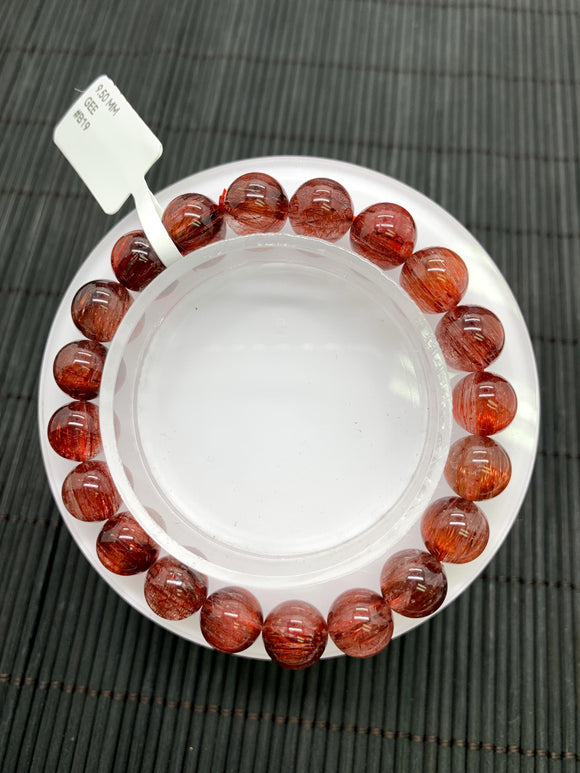 Red Rutile Round Bracelet • 9.50 mm Size • Code #B19 • AA Quality • Natural Rutilated Quartz Bracelet