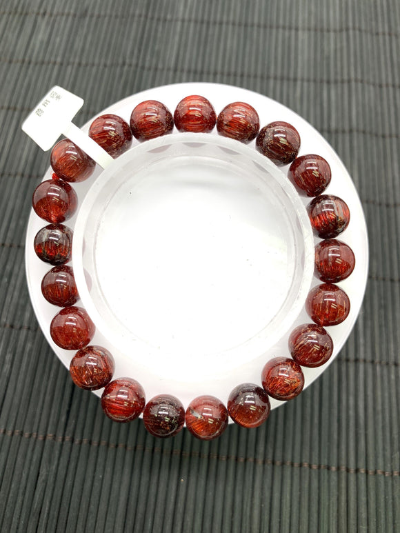 Red Rutile Round Bracelet • 9.50 mm Size • Code #B20 • AA Quality • Natural Rutilated Quartz Bracelet
