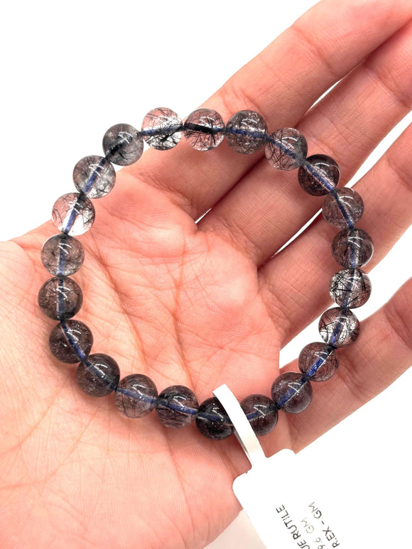 Blue Rutile Bracelet • 8.50 mm Size • Code #B2 • AAAA Quality • Weight 19.6 gm • Natural Rutilated Quartz • Rutile Round Bracelet