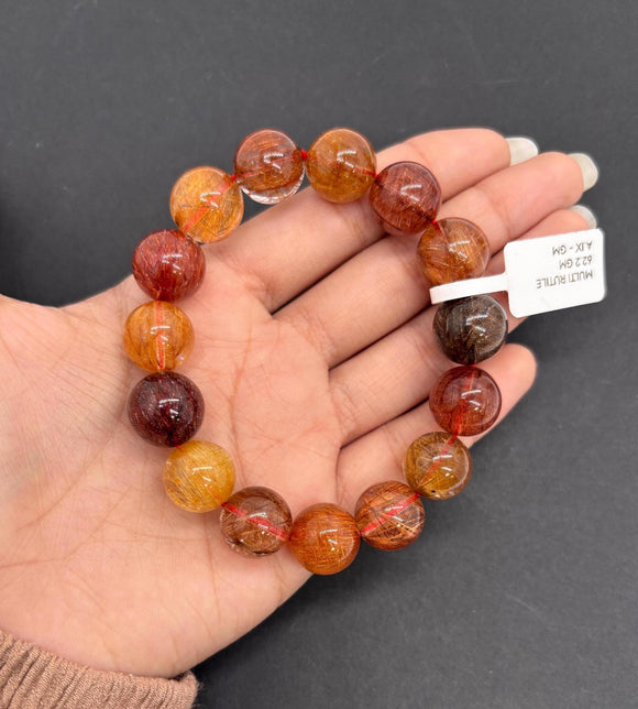 Multi Rutile Bracelet •14 mm Size • Code #M22• AAA Quality •Weight 62 gm. Natural Rutilated Quartz Bracelet