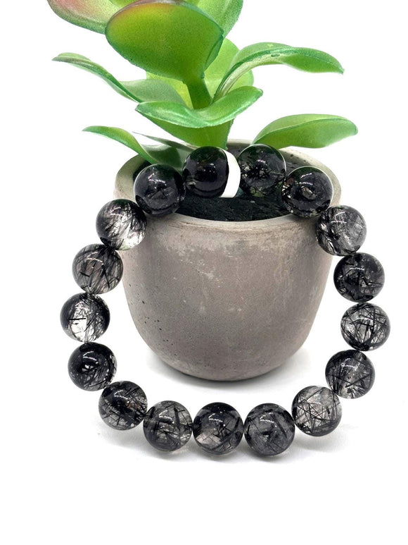 Black Rutile Bracelet • 12 mm Size • Code #BK-1 • AAAA Quality • 7.5 Inch Length • Natural Rutilated Quartz • Rutile Round Bracelet