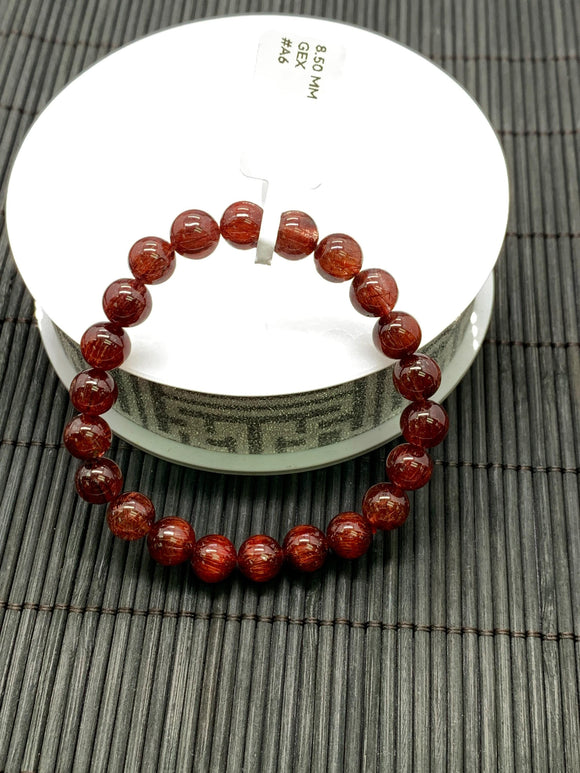 Red Rutile Round Bracelet • 8.50 mm Size • Code #A6 • AAA Quality • Natural Rutilated Quartz Bracelet