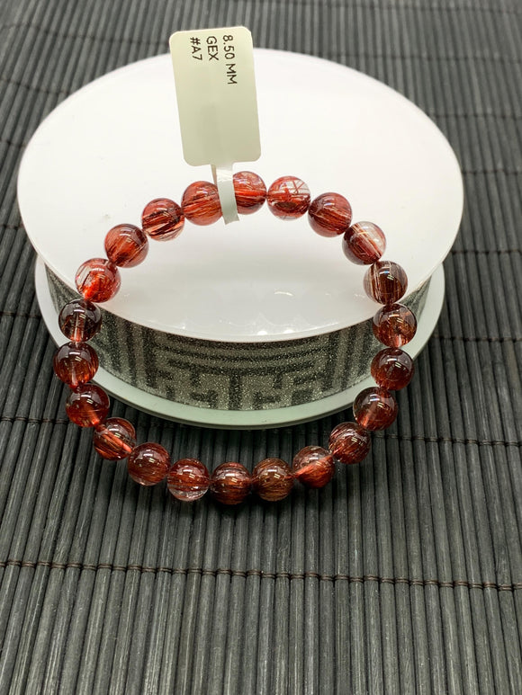 Red Rutile Round Bracelet • 8.50 mm Size • Code #A7 • AAA Quality • Natural Rutilated Quartz Bracelet