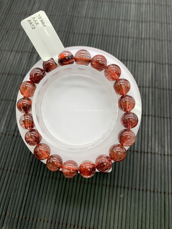 Red Rutile Round Bracelet • 10 mm Size • Code #A12 • AAA Quality • Natural Rutilated Quartz Bracelet