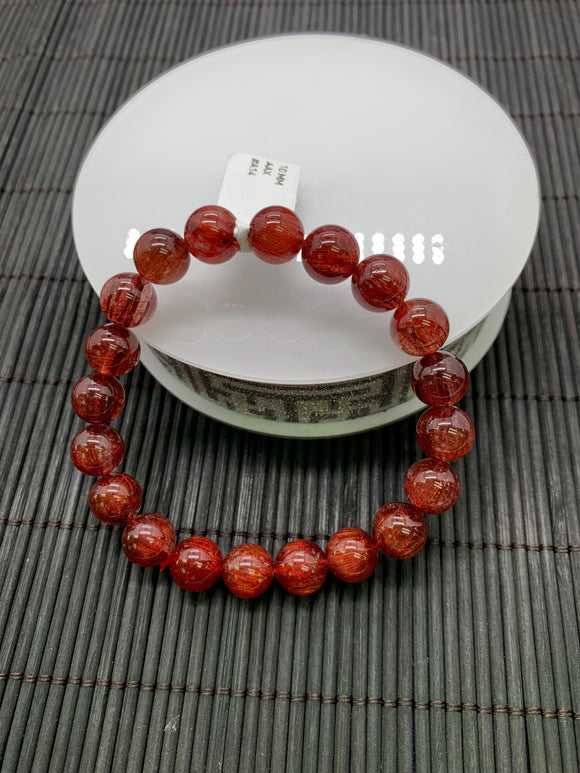 Red Rutile Round Bracelet • 10 mm Size • Code #A14 • AAA Quality • Natural Rutilated Quartz Bracelet