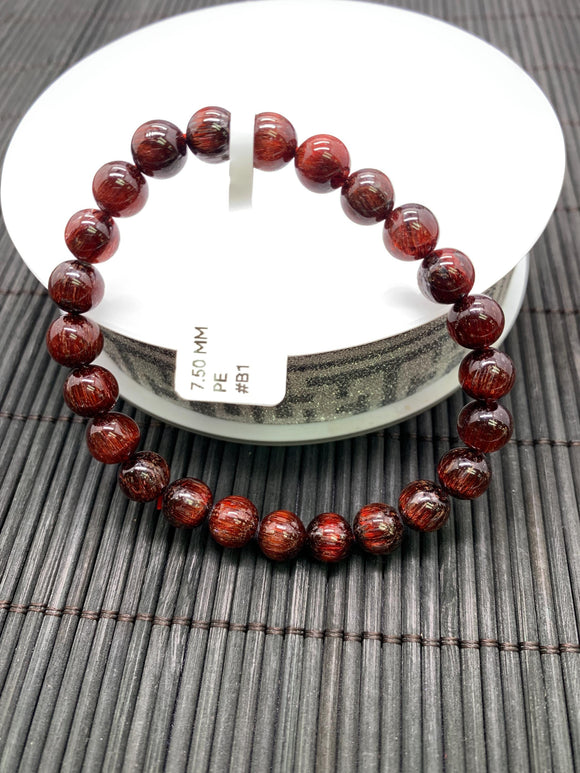 Red Rutile Round Bracelet • 7.50 mm Size • Code #B1 • AA Quality • Natural Rutilated Quartz Bracelet