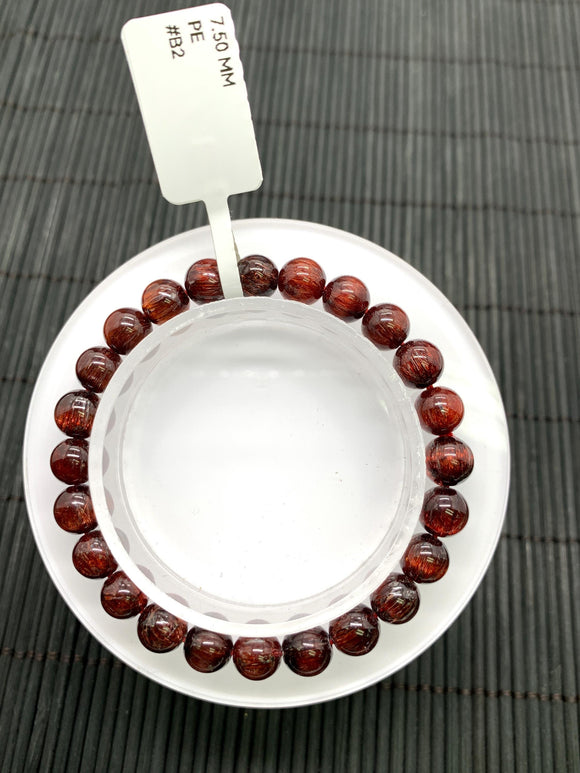 Red Rutile Round Bracelet • 7.50 mm Size • Code #B2 • AA Quality • Natural Rutilated Quartz Bracelet